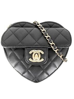 Chanel Shoulder Bag Quilted Heart CC Logo Small Lambskin Black Gold